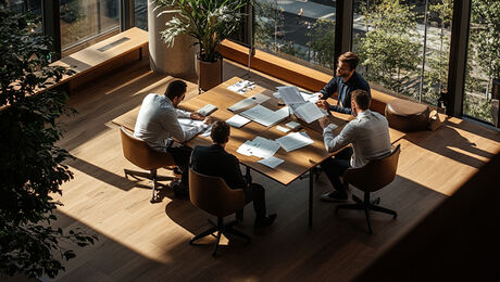 Workers gathered around a conference table in an office.